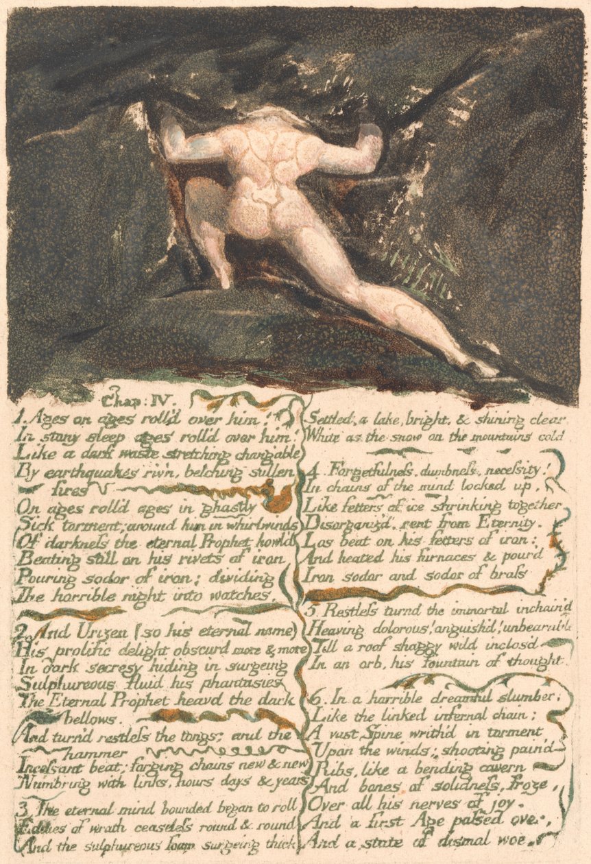 Pierwsza Księga Urizena, tablica 9, „Rozdział: IV | 1 Przetaczały się przez niego wieki po wiekach…” (Bentleya 10) autorstwa William Blake