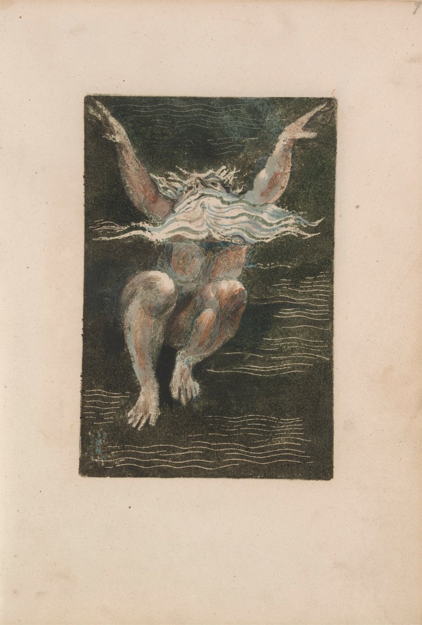 Pierwsza księga Urizena, pl.7 (nagi mężczyzna z pływającą białą brodą, który wydaje się wynurzać z głębokiej wody) 1794 (kolorowy drukowany relief akwaforta z wc) autorstwa William Blake