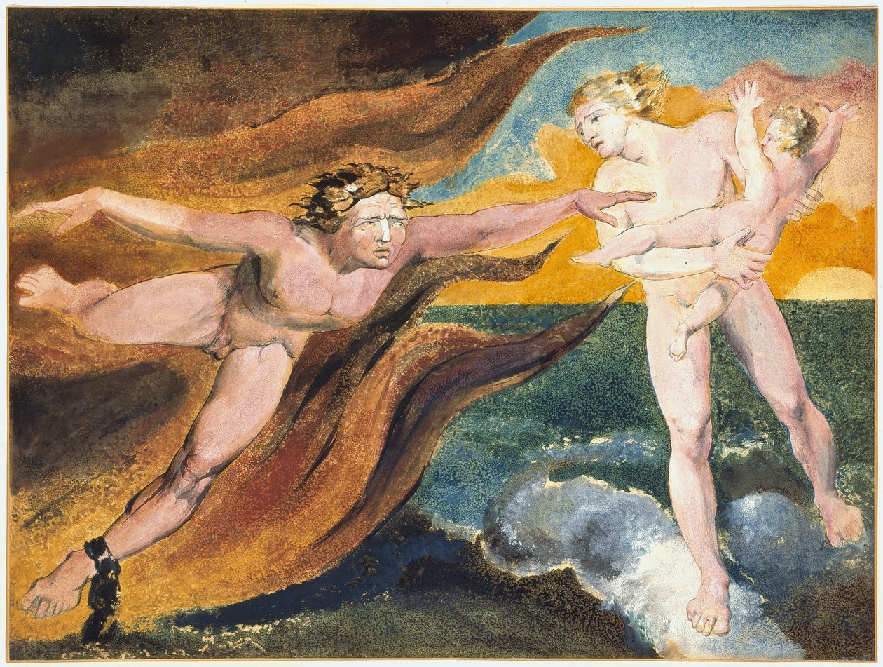 Dobrzy i źli aniołowie walczący o posiadanie dziecka, 1795 autorstwa William Blake