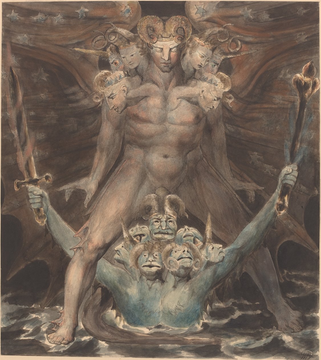 Wielki Czerwony Smok i Bestia z Morza, ok. 1805 (pióro i atrament z akwarelą na papierze) autorstwa William Blake