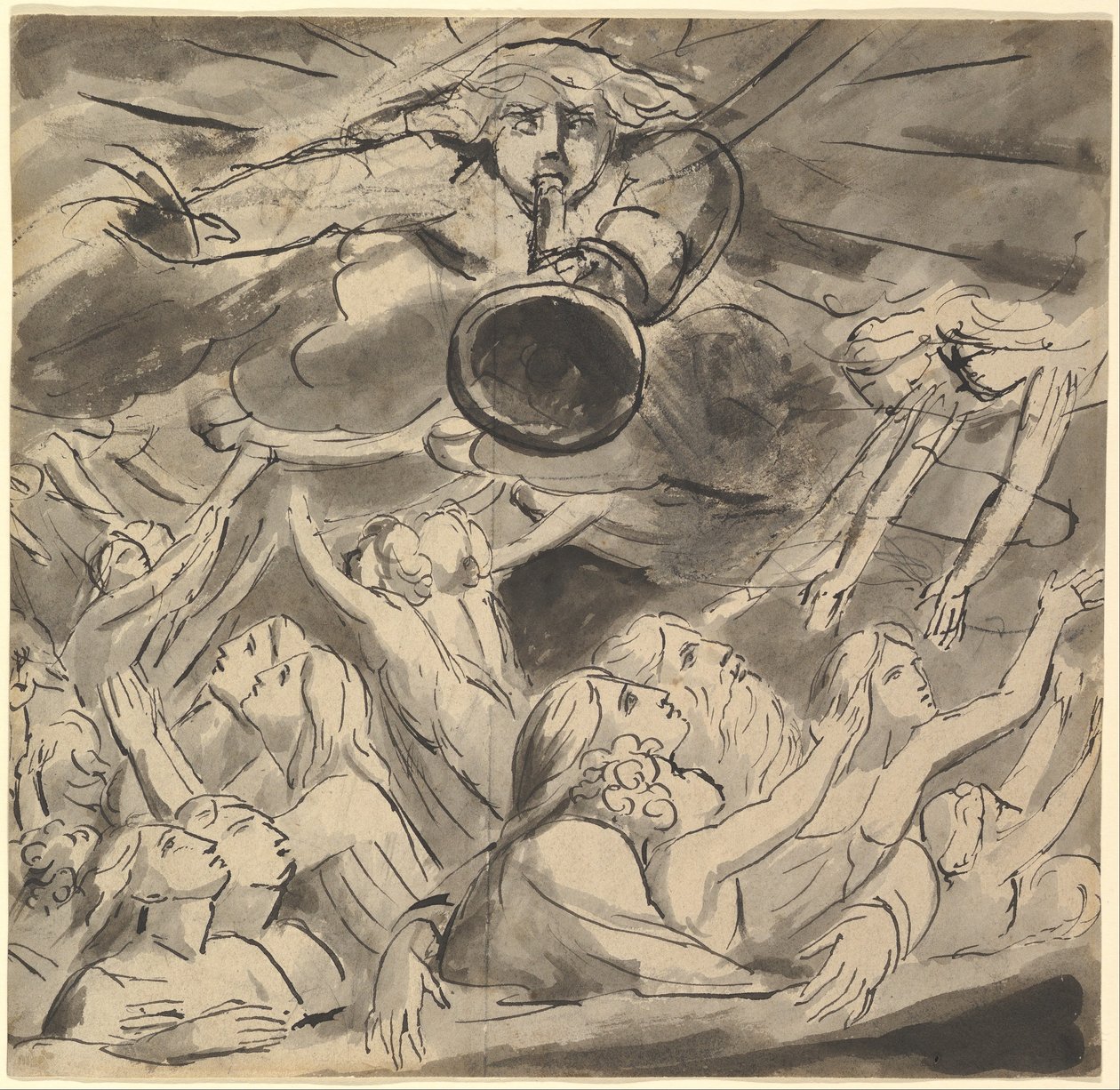 Ostatnia trąba (recto); dwa studia prawego oka, profil młodego mężczyzny z otwartymi ustami, głowa orła i głowa lwa (verso) autorstwa William Blake