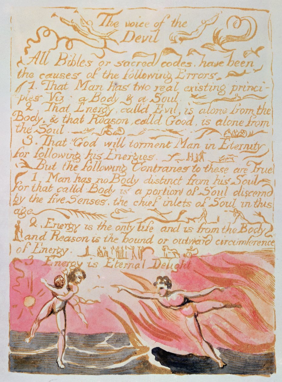 Małżeństwo Nieba i Piekła; Głos diabła, ok. 1790 (akwaforta wypukła zabarwiona akwarelą) autorstwa William Blake