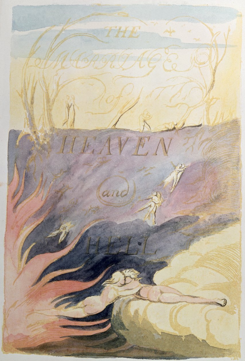 Małżeństwo Nieba i Piekła; strona tytułowa, 1790-93 (akwaforta reliefowa zabarwiona wc) autorstwa William Blake