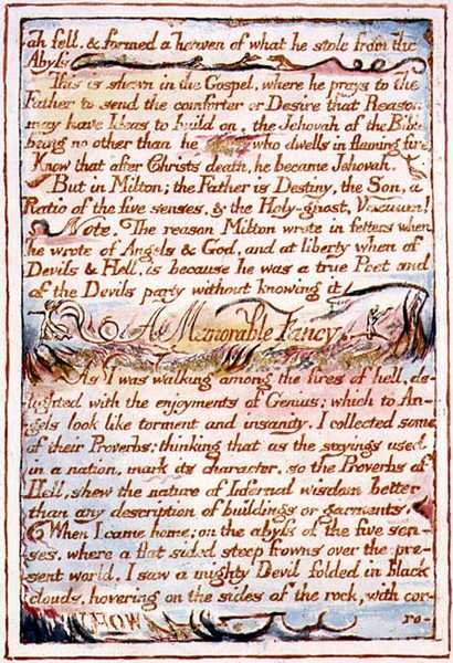 „Mesjasz upadł i stworzył niebo z tego, co ukradł…”, tekst z „Wesela nieba i piekła”, c.1790-3 (akwaforta w formie reliefu wykończona piórem i akwarelą) autorstwa William Blake