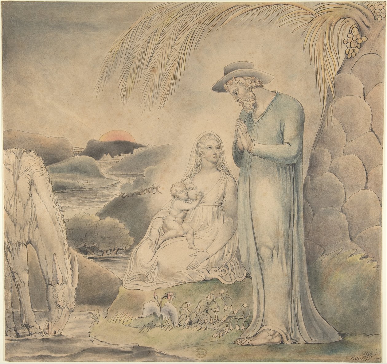 Odpoczynek podczas ucieczki do Egiptu (Odpoczynek Świętej Rodziny w Egipcie) autorstwa William Blake