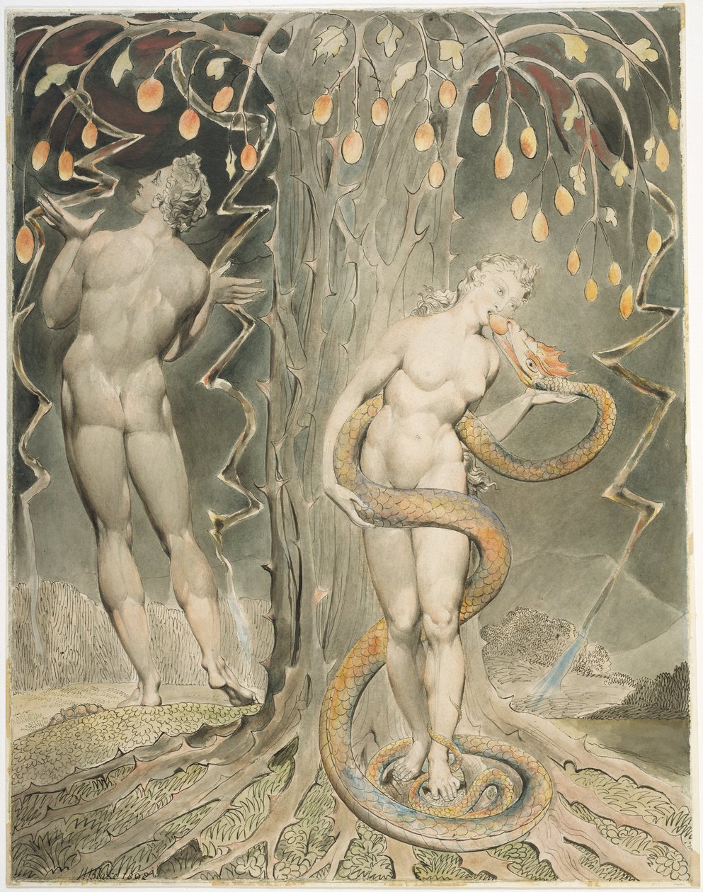 „Pokuszenie i upadek Ewy” (ilustracja do „Raju utraconego” Miltona) autorstwa William Blake
