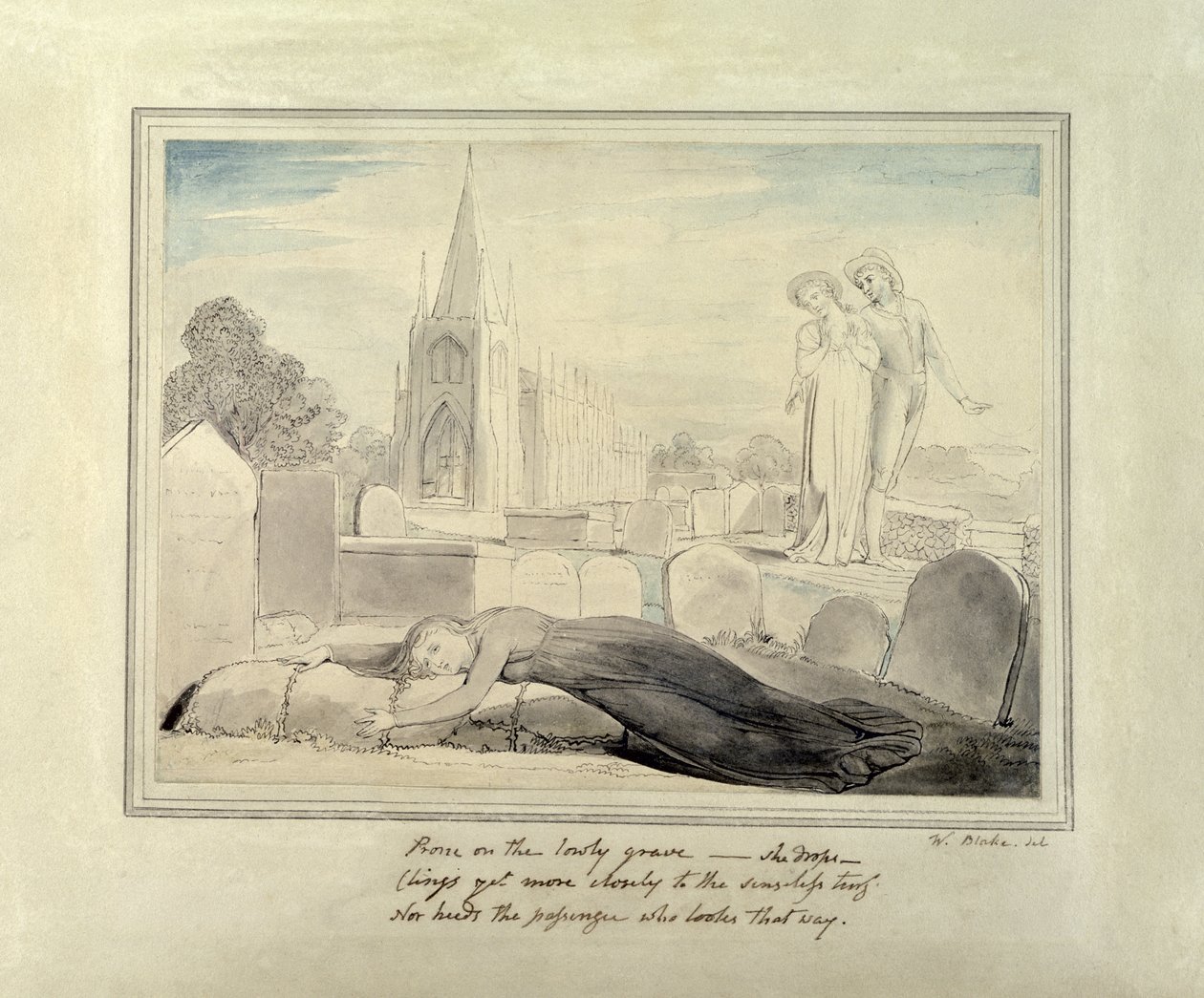 Wdowa obejmująca grób męża (pióro, pędzel, czarny tusz i wc na papierze) autorstwa William Blake