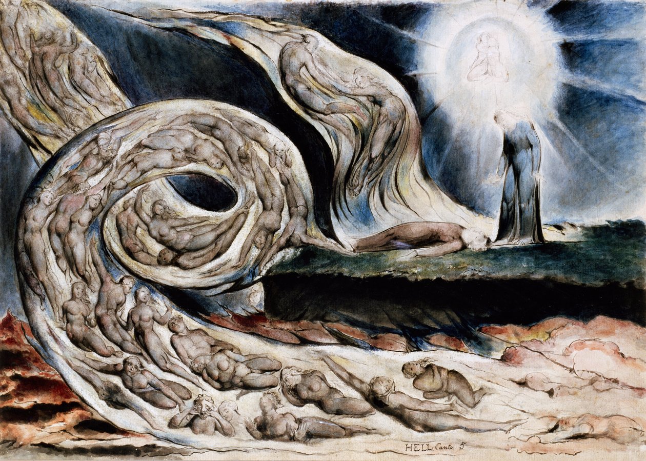 Krąg pożądliwych lub Wir kochanków, Francesca da Rimini i Paolo Malatesta, z Piekła Dantego, Pieśń V autorstwa William Blake
