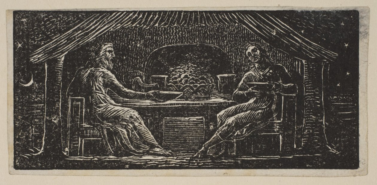 Thenot i Colinet jedzą wieczorny posiłek, z Thorntons Pastorals of Virgil, 1821. autorstwa William Blake