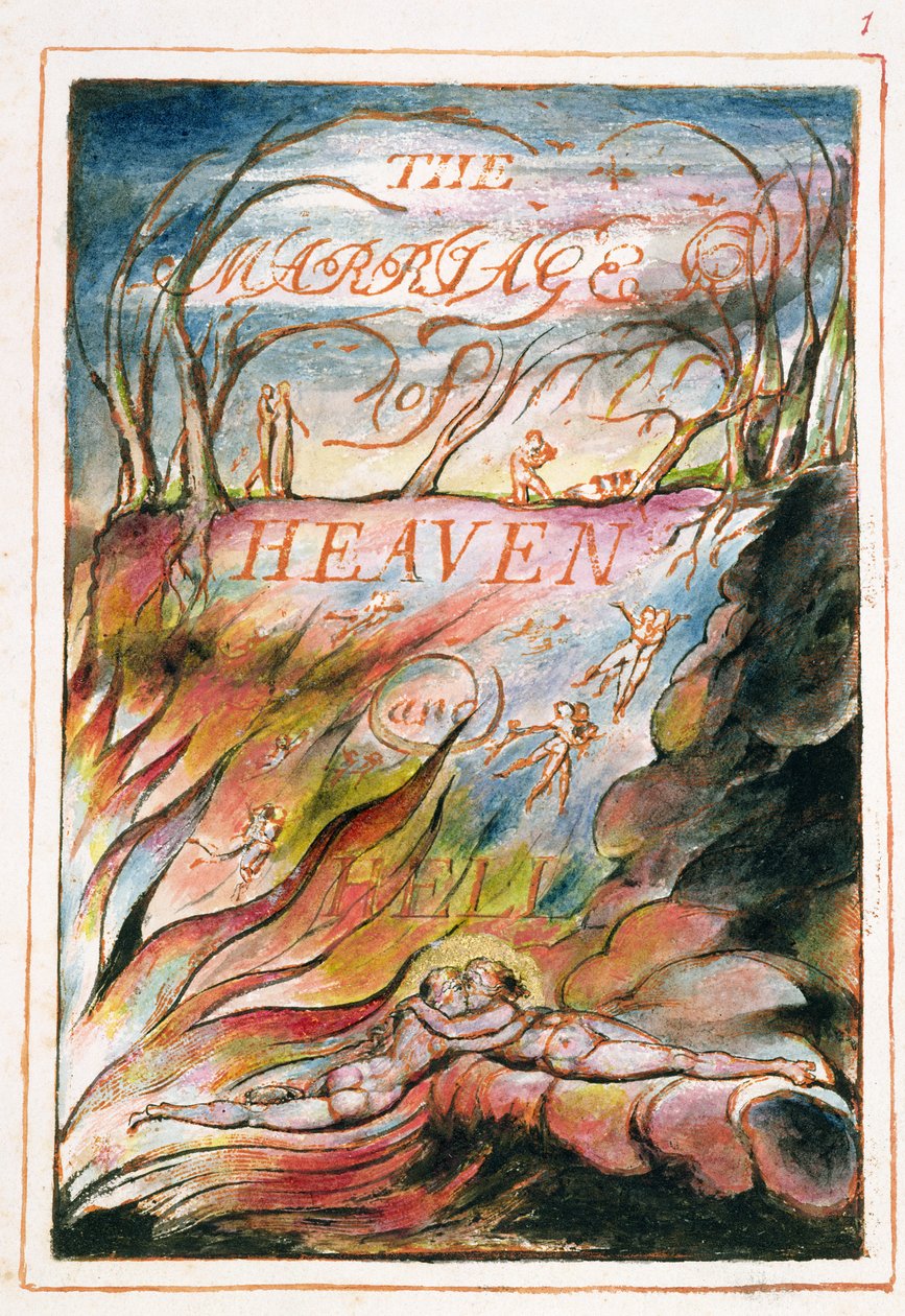 Strona tytułowa do „Wesela nieba i piekła”, 1790-3 (relief akwaforta wykończony piórem i wc) autorstwa William Blake