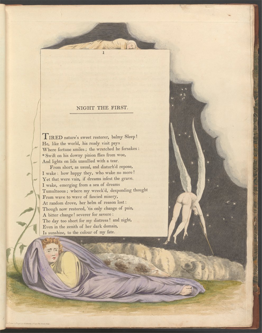 Nocne myśli Younga, strona 1, „Szybki na swoim puchowym zębniku leci z nieszczęścia” autorstwa William Blake