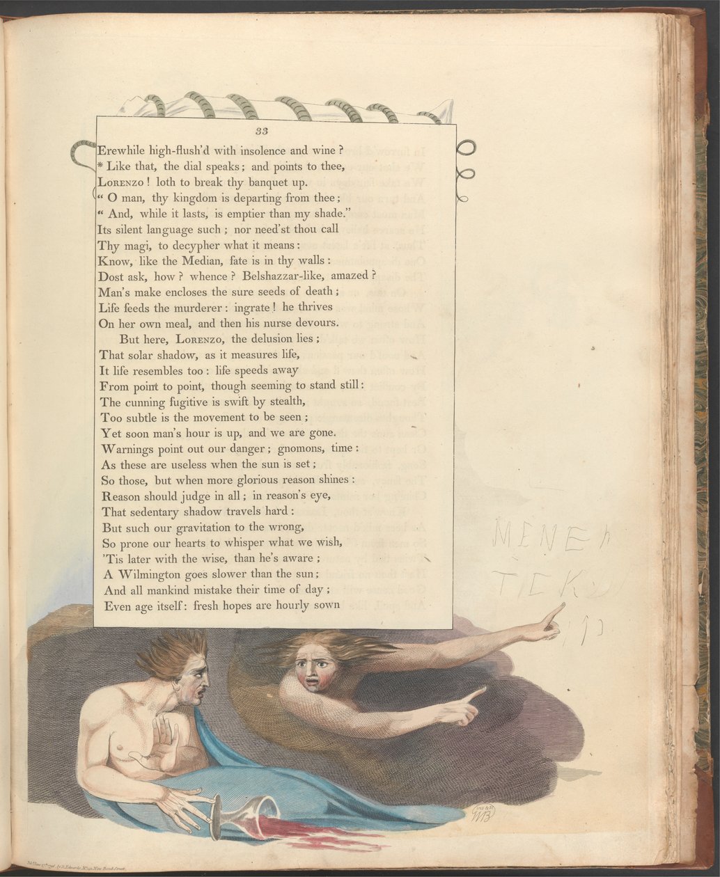 Nocne myśli Younga, strona 33, „W ten sposób tarcza mówi i wskazuje na ciebie” autorstwa William Blake