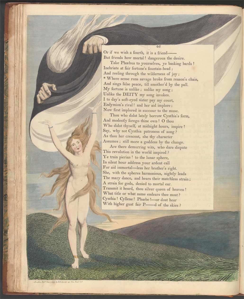 Nocne myśli Younga, strona 46, gdzie rozsądek ucieka, dzikus wyrwał się z łańcucha rozumu autorstwa William Blake