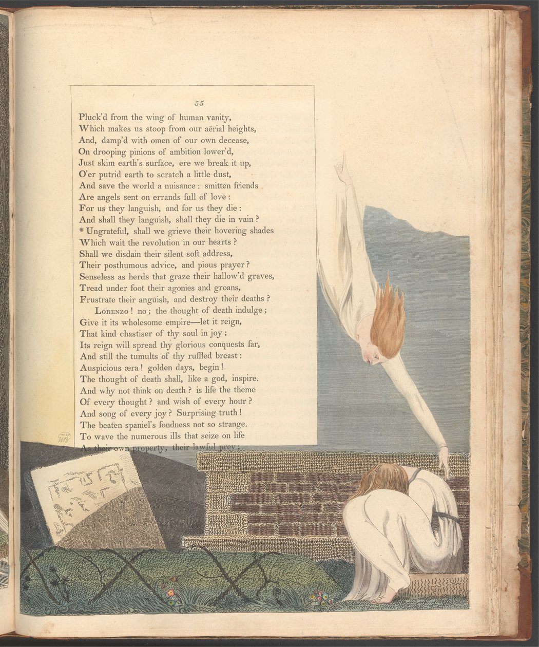 Nocne myśli Younga, strona 55, „Niewdzięczni, czy będziemy opłakiwać ich unoszące się cienie” autorstwa William Blake