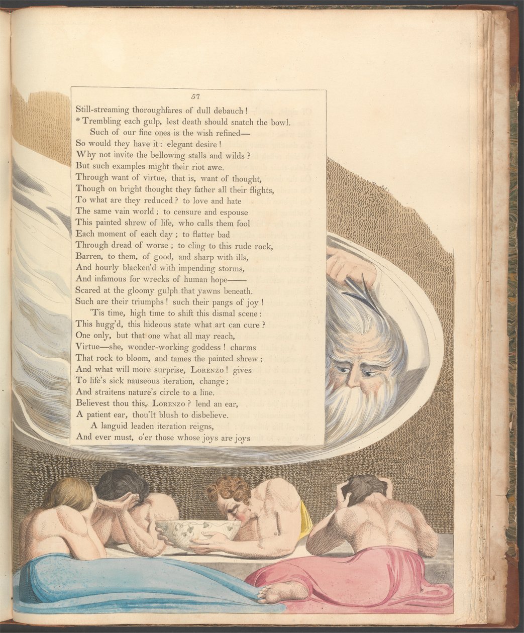 Nocne myśli Younga, strona 57, „Drżenie przy każdym łyku, aby śmierć nie wyrwała miski” autorstwa William Blake