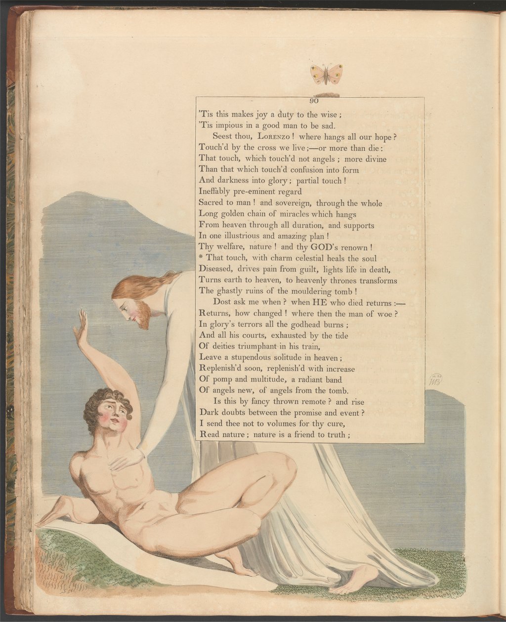 Nocne myśli Younga, strona 90, „Ten dotyk z niebiańskim urokiem leczy duszę” autorstwa William Blake