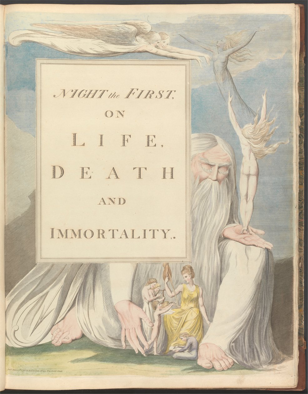 Nocne myśli Younga, strona tytułowa, „Pierwsza noc, o życiu, śmierci i nieśmiertelności”. autorstwa William Blake