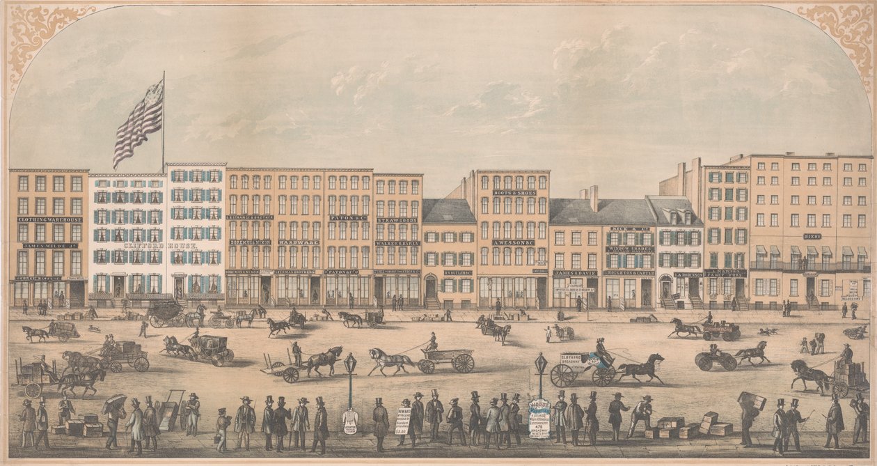Widok na Park Place w Nowym Jorku, od Broadwayu do Church Street, North Side, 1854 r., autorstwa William Boell