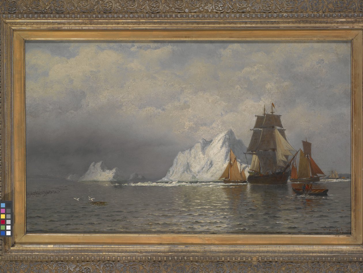 Wielorybnik i statki rybackie w pobliżu wybrzeża Labradoru (olej na płótnie) autorstwa William Bradford