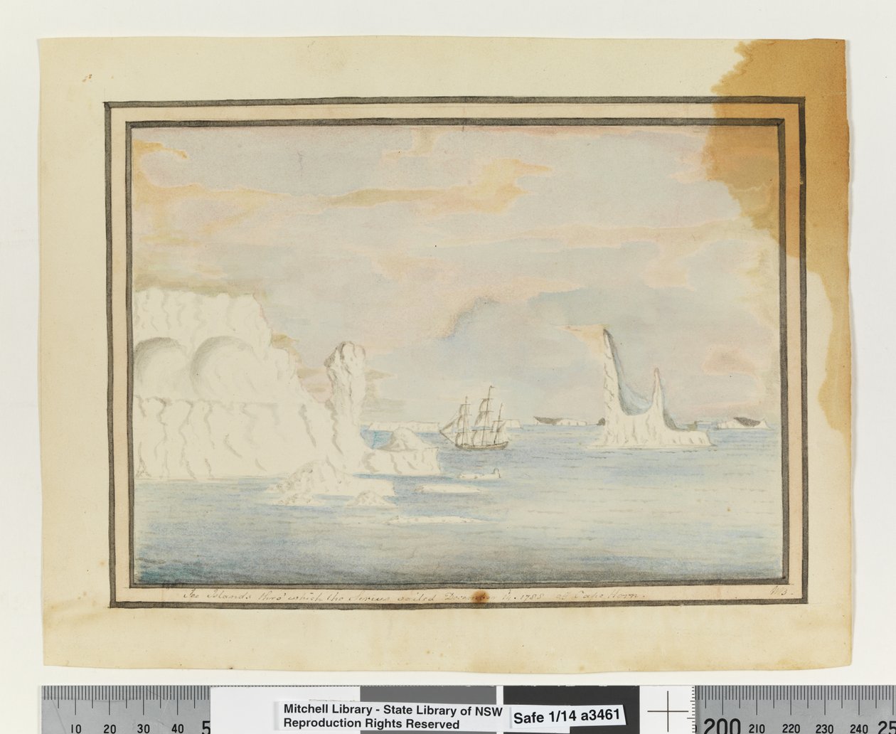 Opp. p. 150. „Ice Islands thro”, którymi Syriusz wypłynął 14 grudnia 1788 z Przylądka Horn”, ok. 1802 (akwarela) autorstwa William Bradley