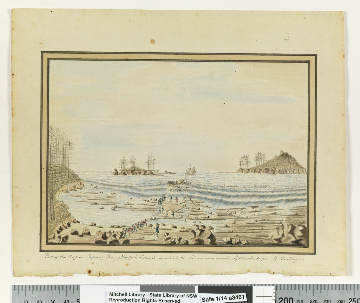 Opp. p. 195. „Część rafy w Sydney Bay na wyspie Norfolk, na której rozbił się Syriusz. 19 marca 1790.