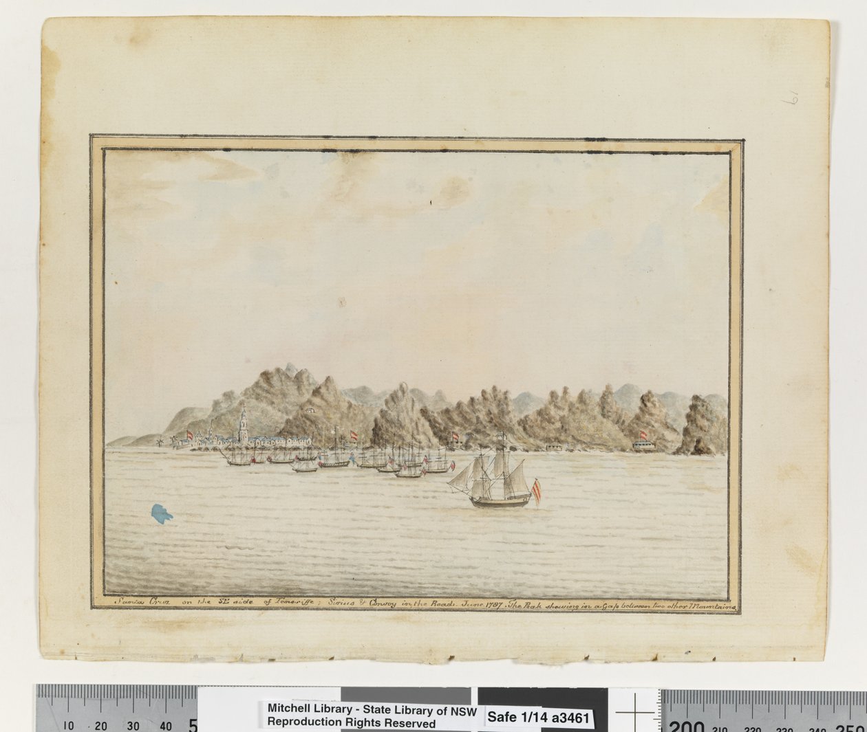 Opp. p. 19. `Santa Cruz po południowo-wschodniej stronie Teneryfy; Syriusz i konwój na drogach. Czerwiec 1787. Szczyt ukazujący się w przepaści między dwiema innymi górami”, c.1802 (akwarela) autorstwa William Bradley