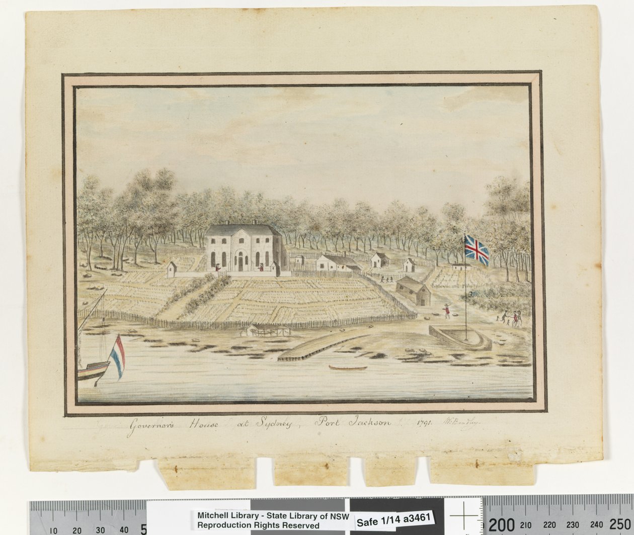 Opp. p. 225. "Dom gubernatora w Sydney, Port Jackson 1791", ok. 1802 (akwarela) autorstwa William Bradley