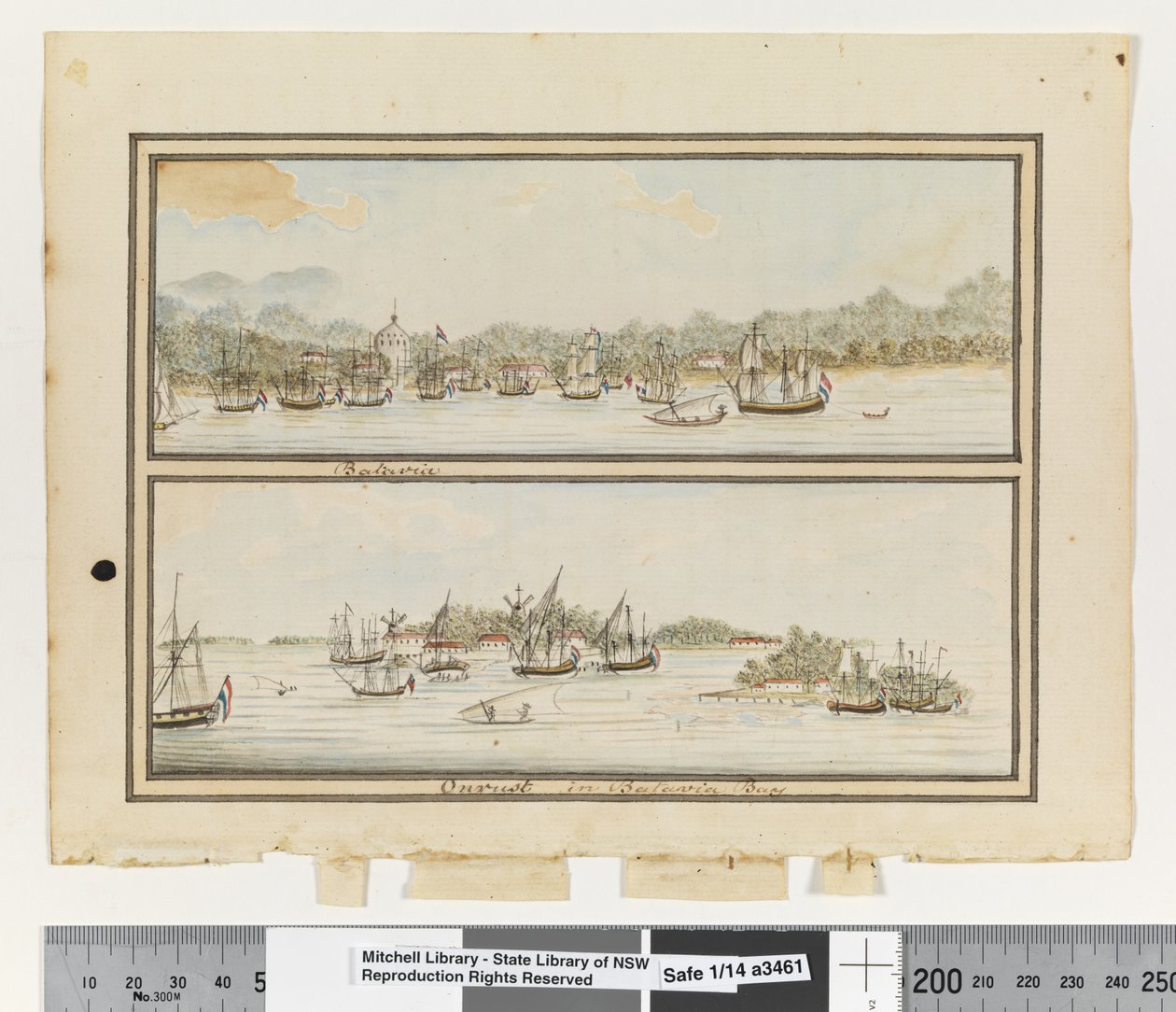 Opp. p. 292. „Batavia” i „Onrust w zatoce Batavia”, ok. 1802 (akwarela) autorstwa William Bradley