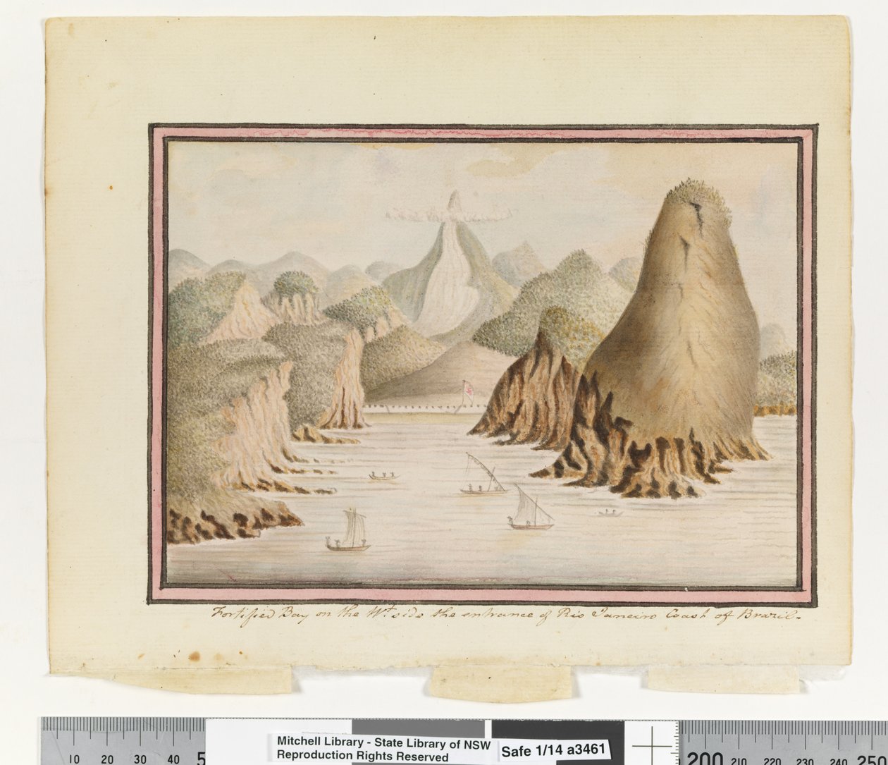 Opp. p. 38. „Zatoka obronna po stronie zachodniej wejście do Rio Janeiro, wybrzeże Brazylii”, ok. 1802 (akwarela) autorstwa William Bradley