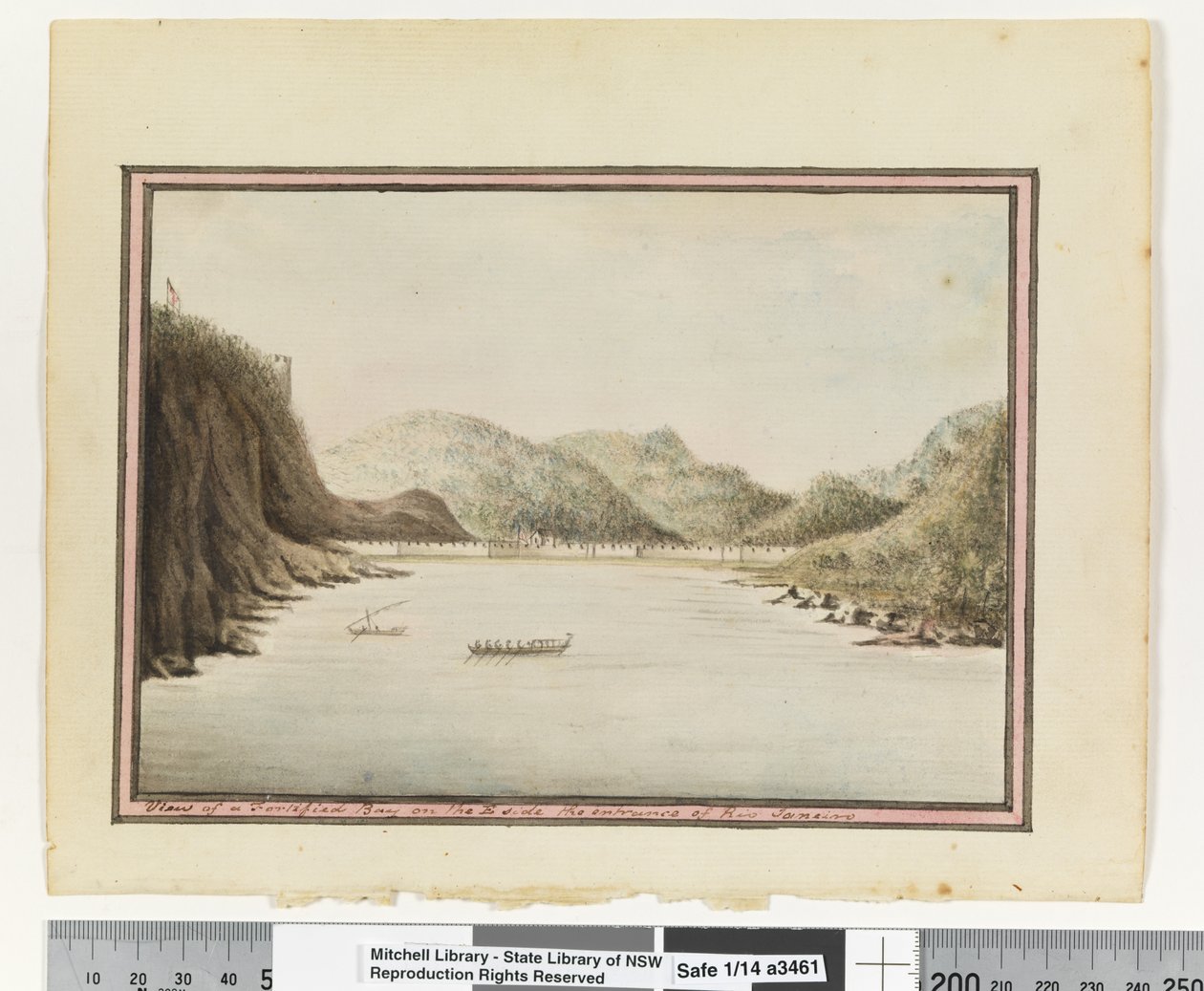 Opp. p. 39. „Widok na ufortyfikowaną zatokę po stronie wsch. wejście do Rio Janeiro”, ok. 1802 (akwarela) autorstwa William Bradley