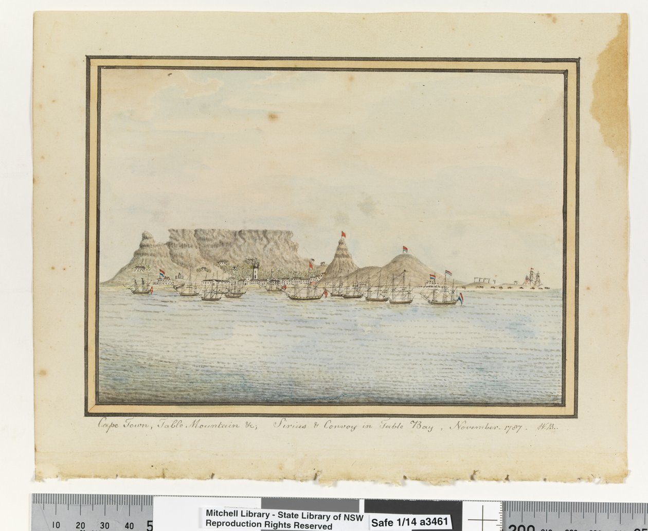 Opp. p. 46. `Kapsztad, Góra Stołowa itd.; Syriusz i konwój w Table Bay, listopad. 1787
