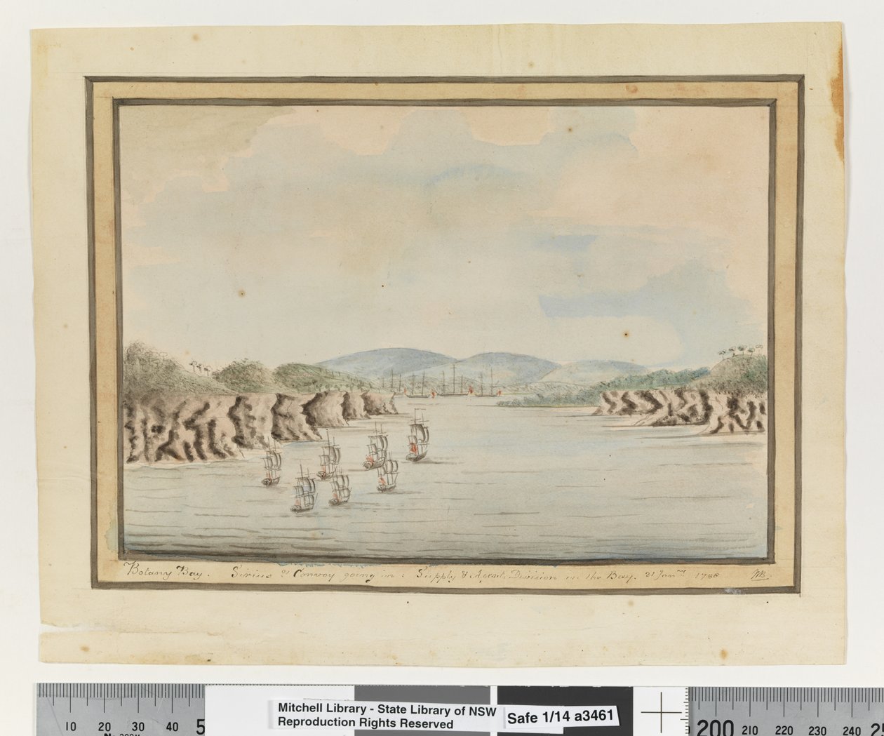 Opp. p. 56. `Zatoka botaniki. Syriusz i konwój wjeżdżają: Dział zaopatrzenia i agentów w zatoce. 21 stycznia 1788