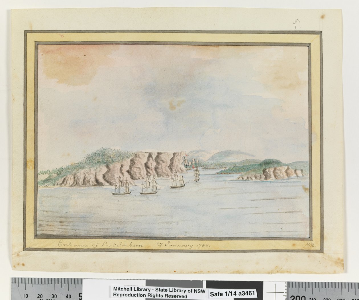 Opp. p. 65. Wejście do Port Jackson 27 stycznia 1788, ok. 1802 (akwarela) autorstwa William Bradley