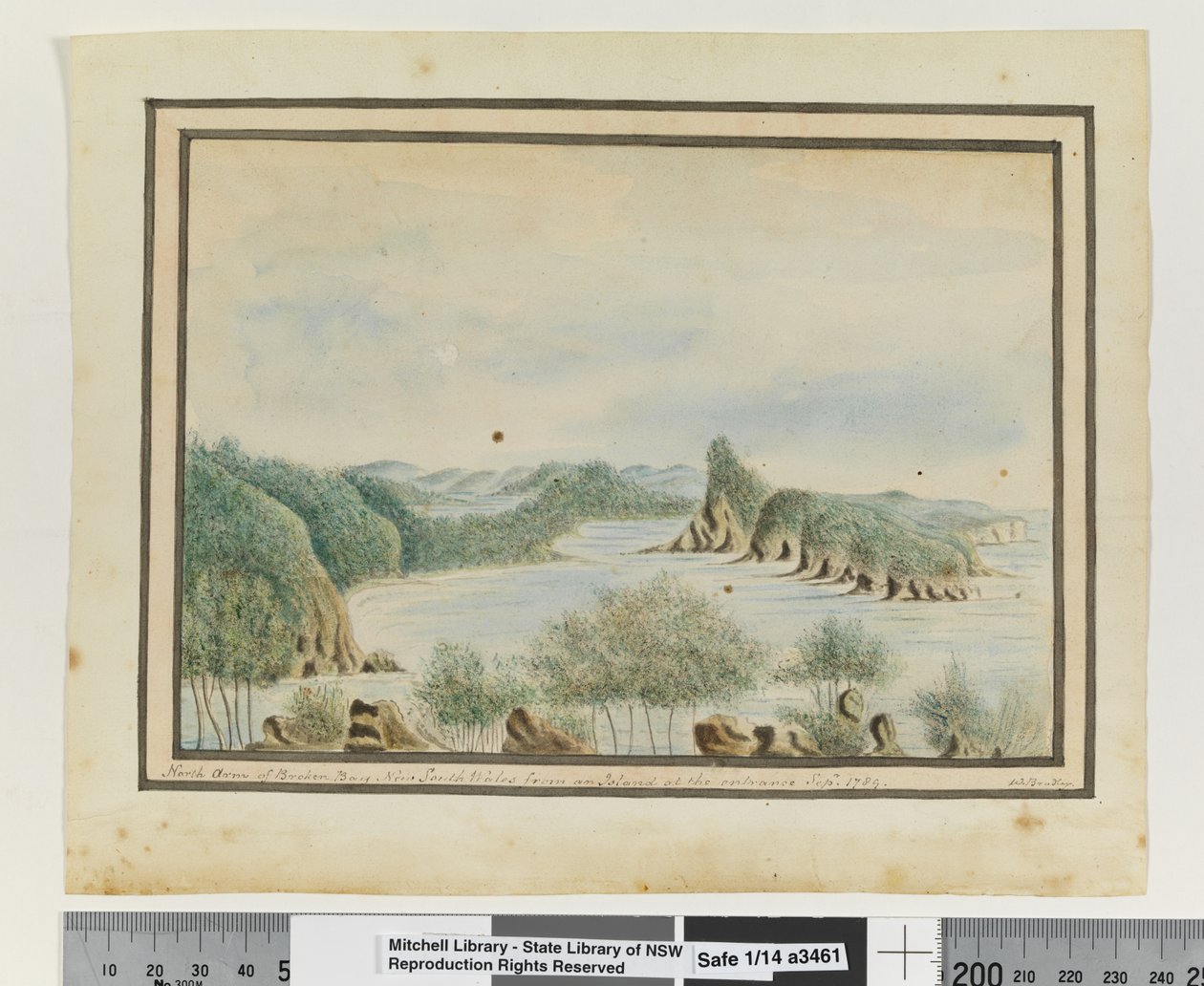 Opp. p. 92. „North Arm of Broken Bay New South Wales od wyspy przy wejściu wrzesień 1789”, c.1802 (akwarela) autorstwa William Bradley