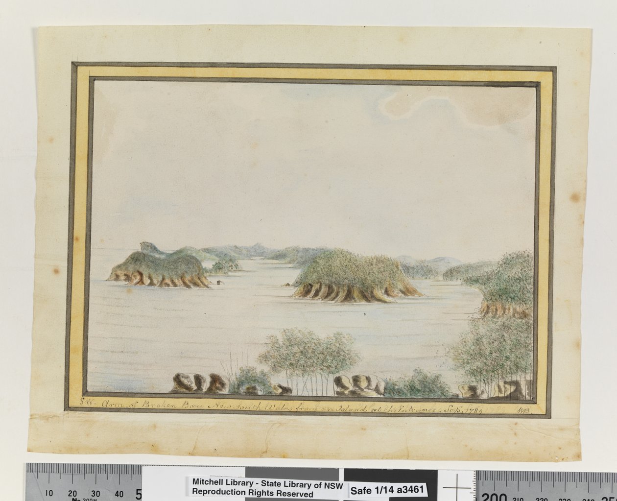 Opp. p. 93. „Św. Ramię Broken Bay Nowej Południowej Walii z wyspy przy wejściu. Wrzesień 1789
