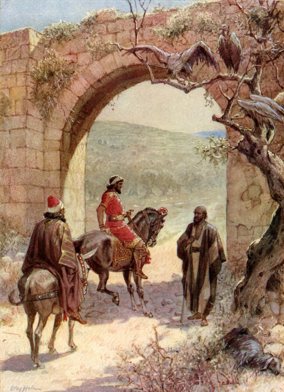 Achab i Eliasz spotykają się - Biblia autorstwa William Brassey Hole