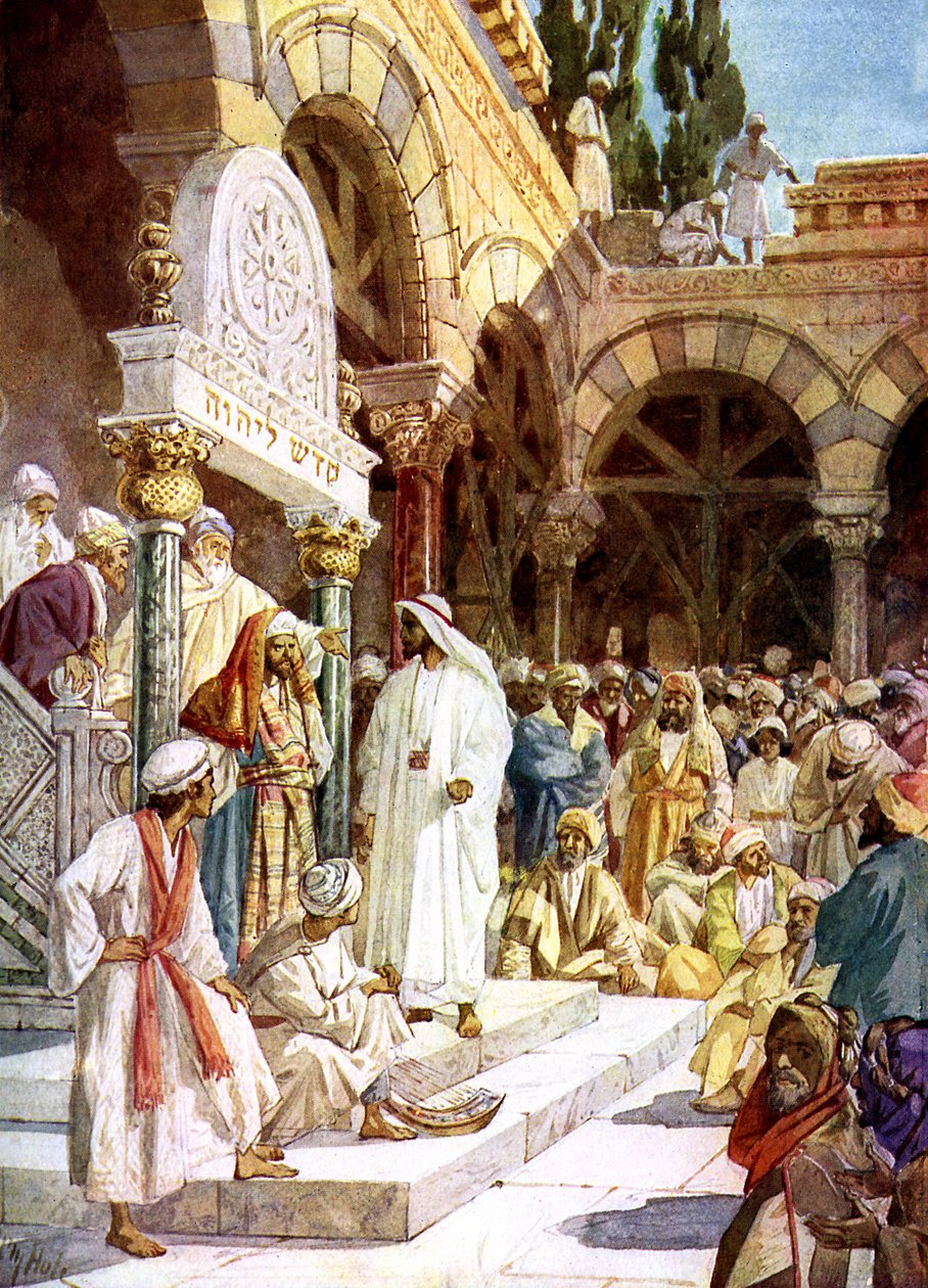 Kapłani i uczeni w Piśmie rzucają wyzwanie Jezusowi - Biblia autorstwa William Brassey Hole