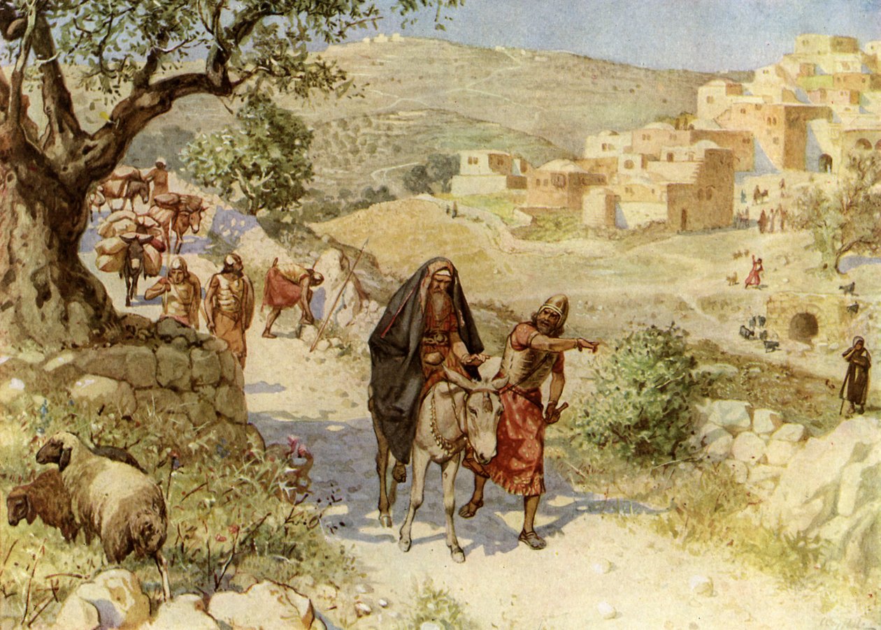 Król Dawid uciekając z Jerozolimy zostaje wyklęty przez Szimei - Biblia autorstwa William Brassey Hole