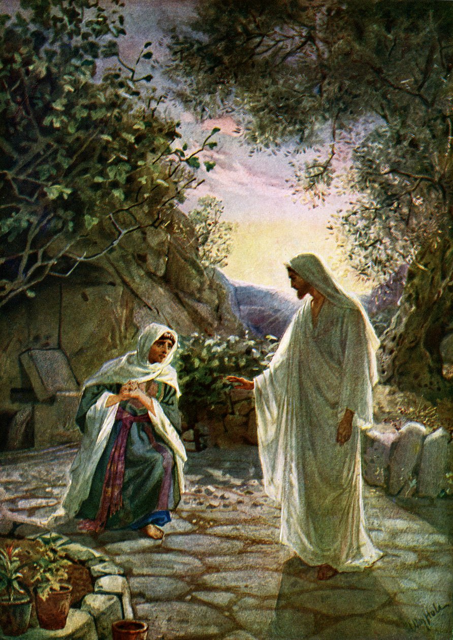Maria Magdalena przemawia do zmartwychwstałego Jezusa - Biblia autorstwa William Brassey Hole