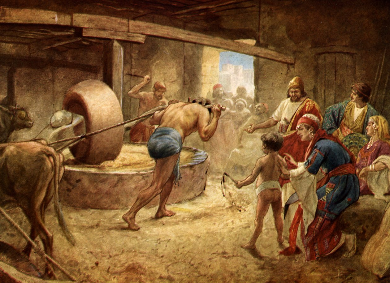 Samson szlifujący w więzieniu w Gazie - Biblia autorstwa William Brassey Hole