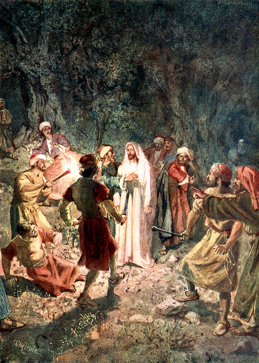 Żołnierze faryzeuszy chwytają Jezusa - Biblia autorstwa William Brassey Hole