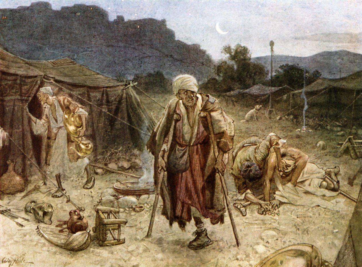 Czterech trędowatych plądrujących obóz Syryjczyków. - Biblia autorstwa William Brassey Hole