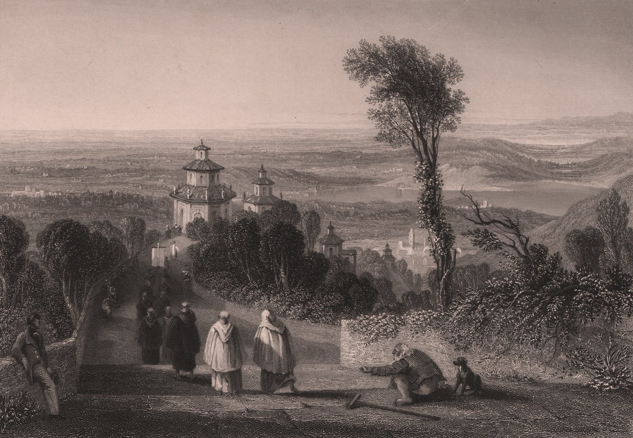 Widok z Sacro Monte (Święta Góra) w Varese, Lombardia, Włochy, staloryt T. Willmore
