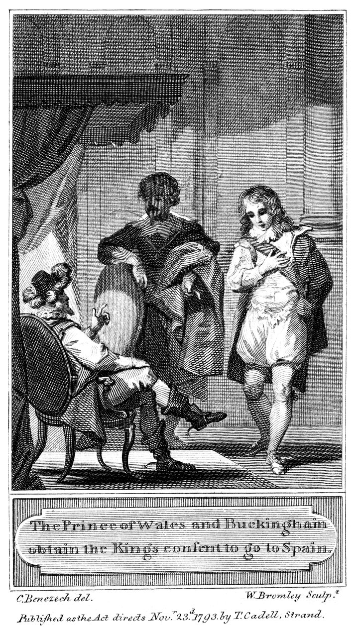 Książę Walii i Buckingham uzyskują zgodę królów na wyjazd do Hiszpanii, 1793 autorstwa William Bromley