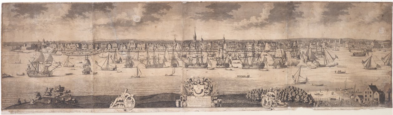 A South Prospect of Ye Kwitnące Miasto Nowy Jork w prowincji Nowy Jork w Ameryce, grawerowane przez Johna Harrisa, 1717-18 autorstwa William Burgis