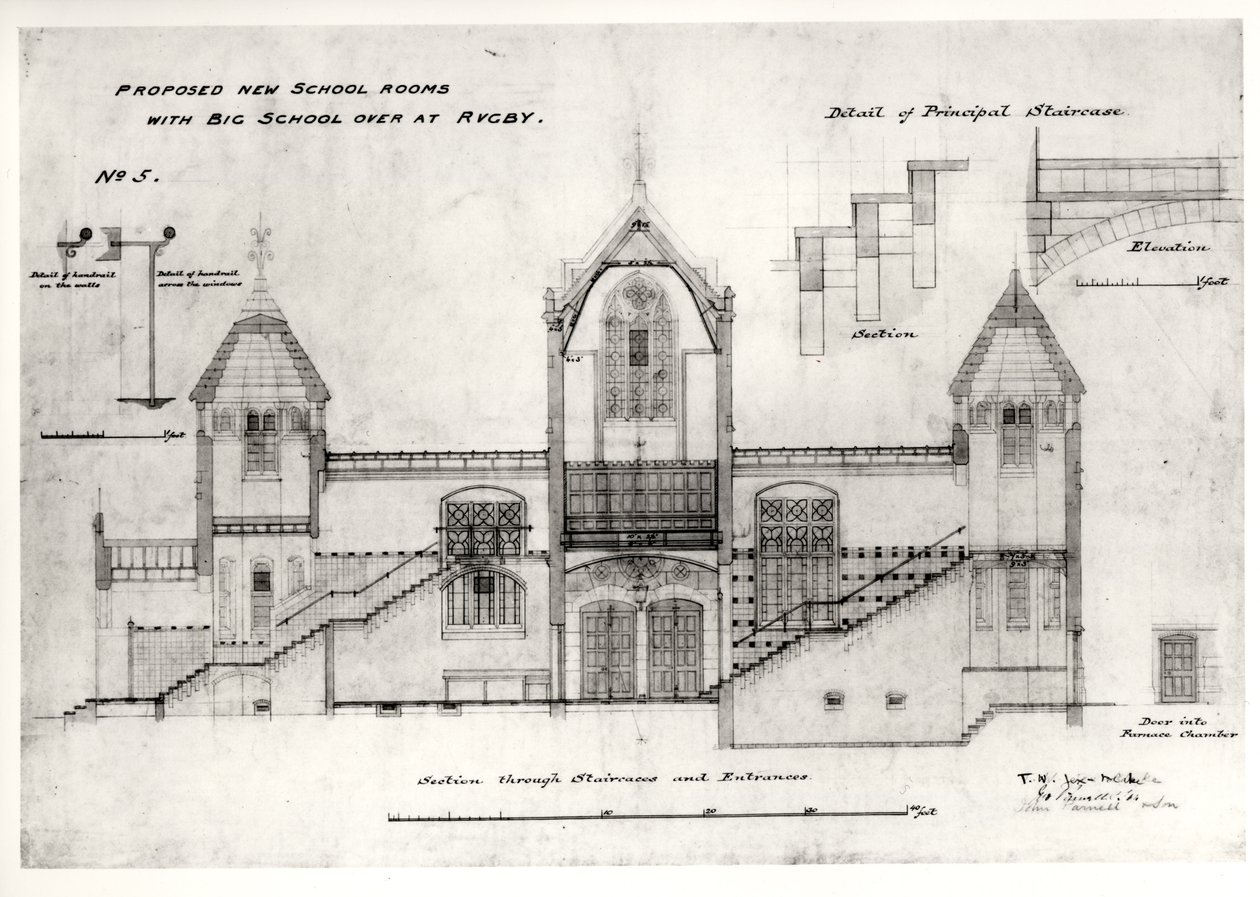 Szczegóły wejść, schodów, drzwi komory pieca i poręczy (New Big School), Rugby School, 1844 (czarny tusz, ołówek i toaleta) autorstwa William Butterfield