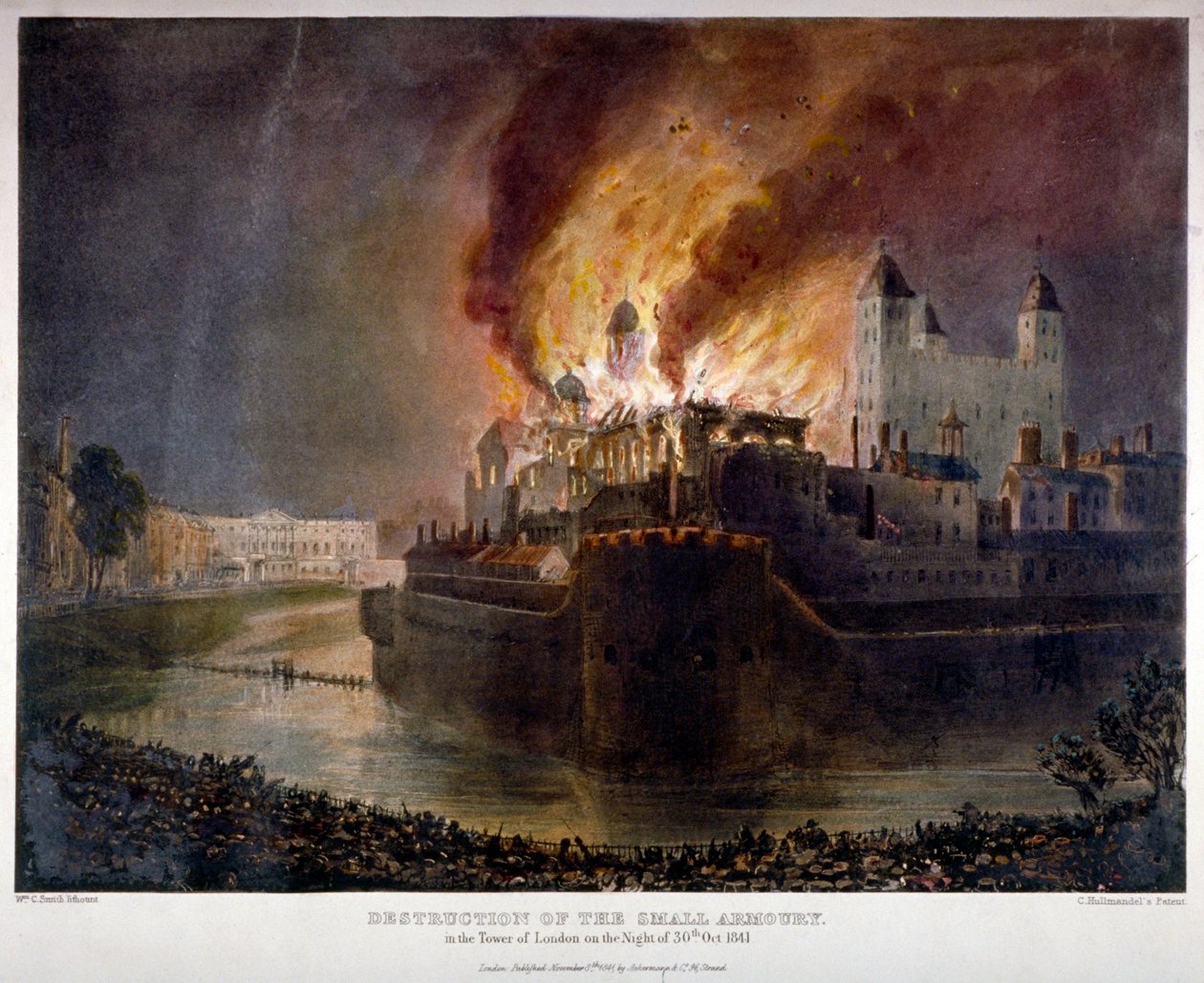Zniszczenie zbrojowni w Tower of London przez pożar, 30 października 1841 r autorstwa William C Smith