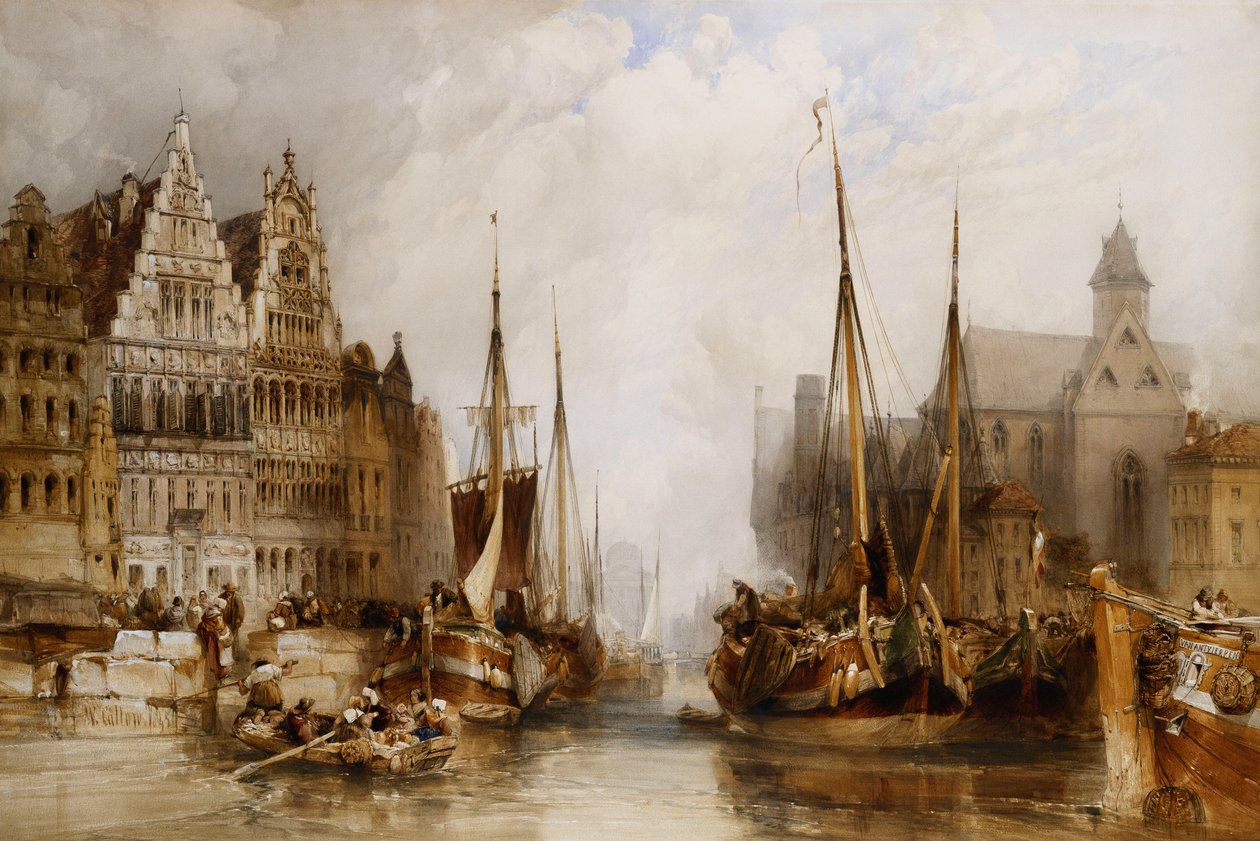 Domy Batelierów frankowych i kościół św. Mikołaja nad kanałem w Gandawie, 1845 autorstwa William Callow