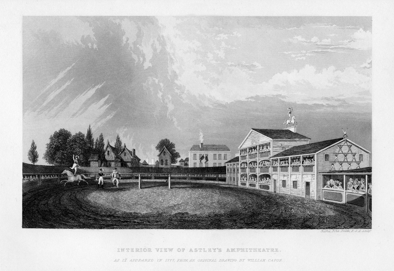 Widok wnętrza amfiteatru Astleys w Londynie, tak jak wyglądał w latach 1777, 1840. autorstwa William Capon