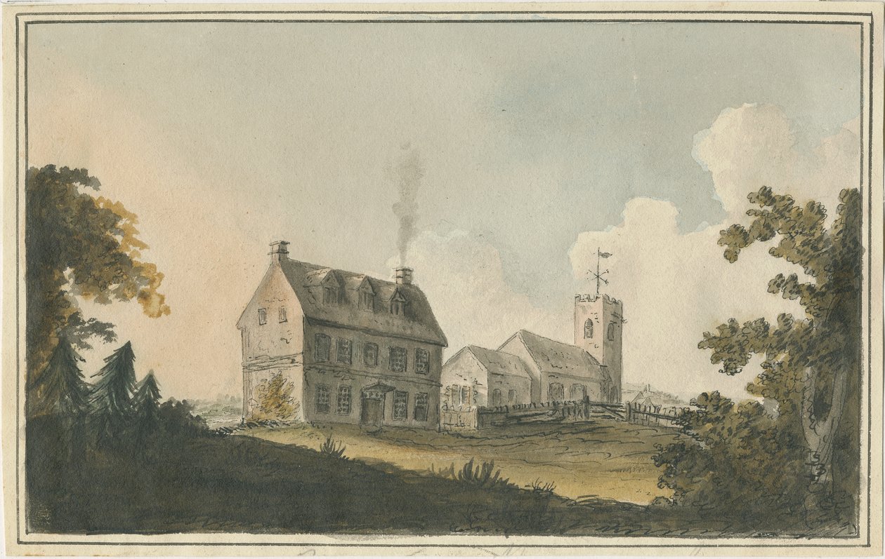Kościół w Edingale: malarstwo akwarela i [ok. 1790] autorstwa William Carter